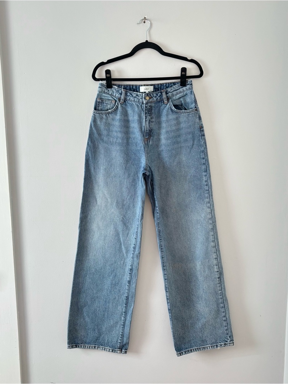 Ba&Sh Lady Jeans High Rise Straight Leg Long Denim Distressed Fading Whiskering
